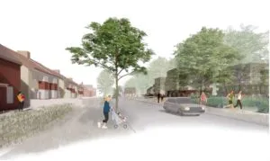 Render of a street view showing a woman pushing a pram with a tree and the new flats behind.